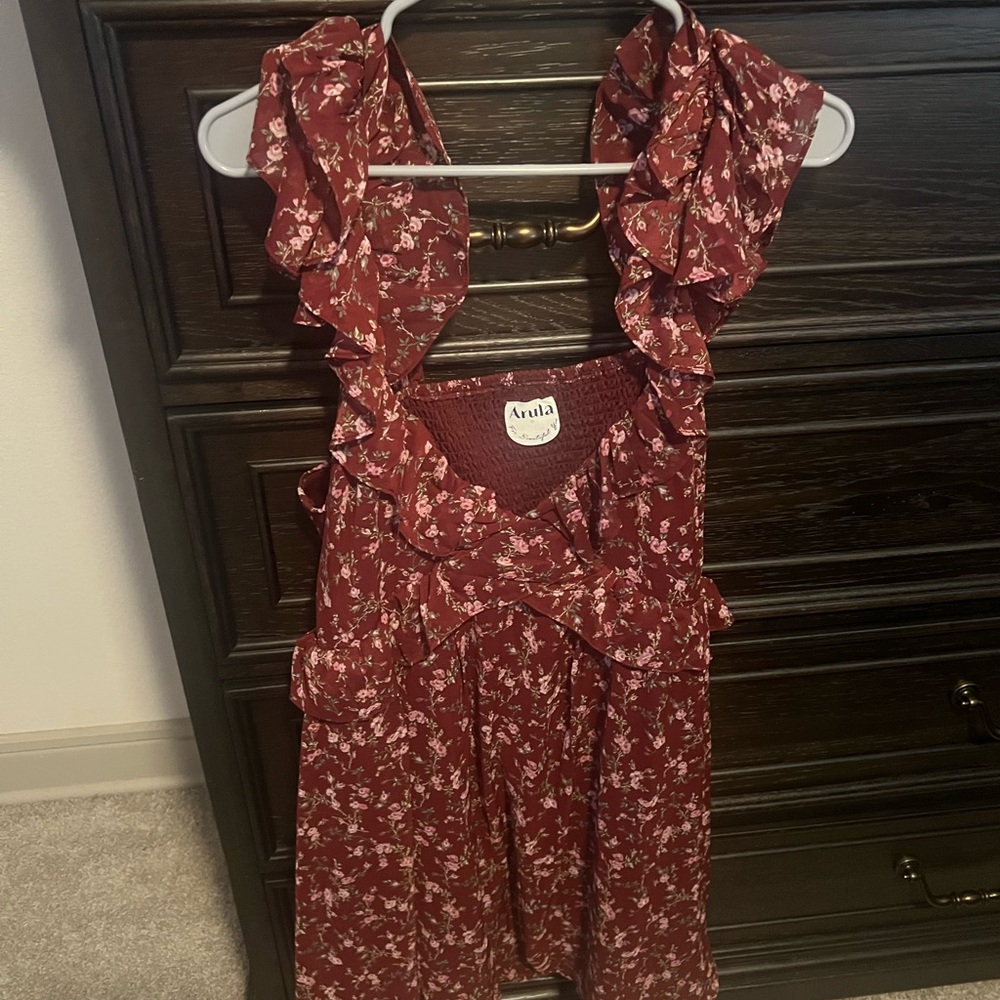 ARULA Burgundy Floral Ruffle Mini Dress